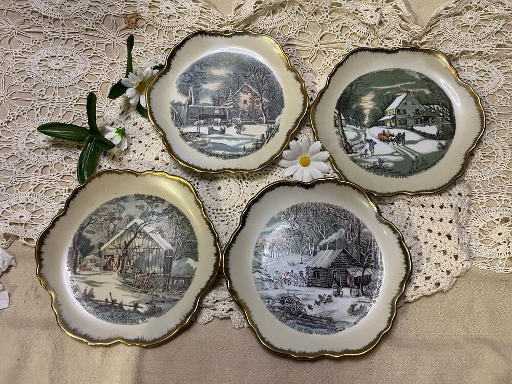 Currier & Ives Vintage Winter Decorative Plates - Set of 4